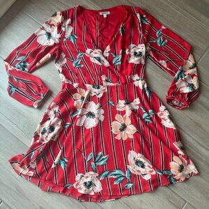 Express Red Floral Flowy Dress with Back Zipper Size M